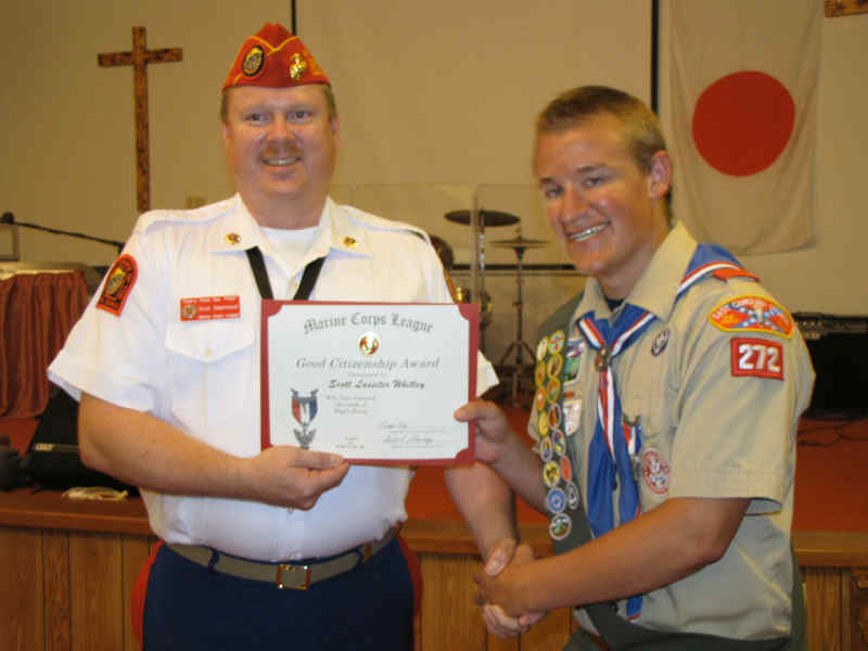 Photo of Adjutant/Paymaster and fellow Eagle Scout Scott Shermeyer presenting an Eagle Scout Good Citizenship Award to Eagle Scout Scott Lassiter Whitley at his court of honor.